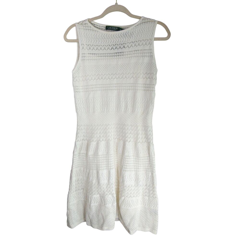 Lauren Ralph Lauren Dress Womens Petite M Cream Crochet‎ Sleeveless Stretch New